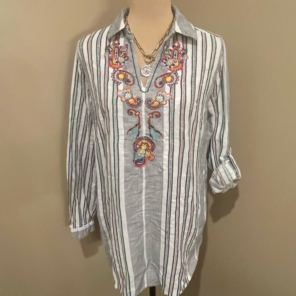 Soft Surroundings Brookhaven Aruba Striped Tunic Vibrant Embroidery, size Large - Picture 2 of 9